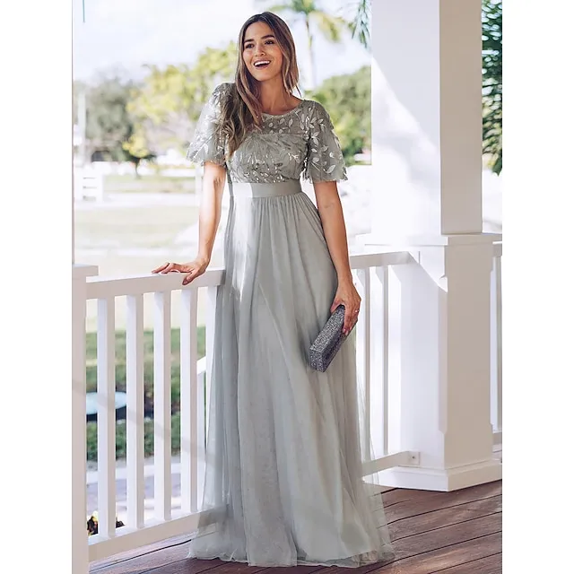 Women‘s Swing Dress Maxi long Dress Green White Black Dusty Rose Gold Dusty Blue Light gray Red Navy Blue Light Blue Short Sleeve Pure Color Mesh Print Spring Summer Prom Dress Party