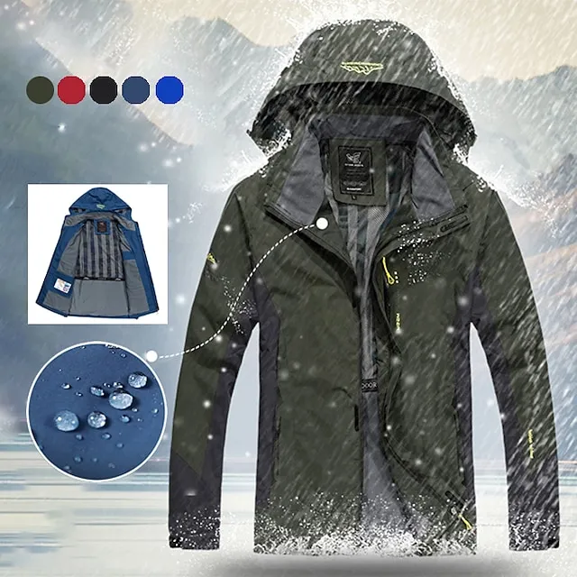 Plus Size Men's Waterproof Hiking Jacket Rain Jacket Hoodie Jacket Detachable hat Windbreaker Raincoat Outdoor Windproof Weatherproof Lightweight Breathable Trench Coat Outerwear Top Fishing Climbing
