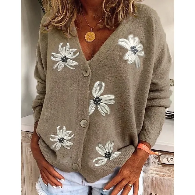 Women’s Sweater Cardigan Sweater V Neck Knit Acrylic Embroidered Knitted Spring Fall Winter Daily Holiday Stylish Chic & Modern Casual Long Sleeve Floral Maillard Red Green Gray S M L 996b979a47972aeead11bd088f878308