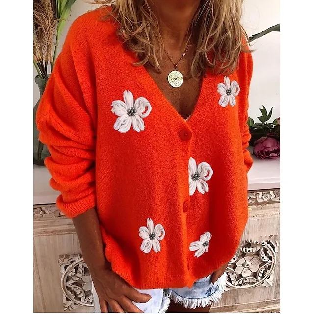 Women’s Sweater Cardigan Sweater V Neck Knit Acrylic Embroidered Knitted Spring Fall Winter Daily Holiday Stylish Chic & Modern Casual Long Sleeve Floral Maillard Red Green Gray S M L b2efb7c8d3f5738b9baf56e74ebc32d2