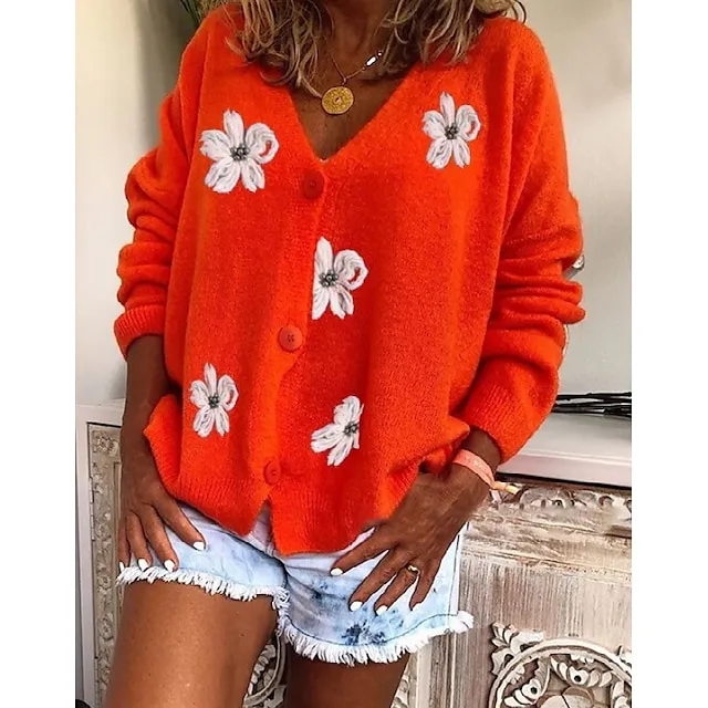 Women’s Sweater Cardigan Sweater V Neck Knit Acrylic Embroidered Knitted Spring Fall Winter Daily Holiday Stylish Chic & Modern Casual Long Sleeve Floral Maillard Red Green Gray S M L bb17e951f9401717d22df75ded93c51c