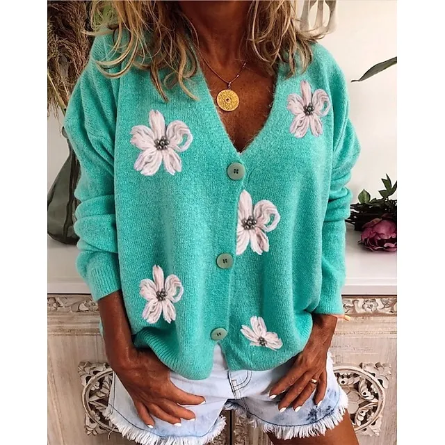 Women's Sweater Cardigan Sweater V Neck Knit Acrylic Embroidered Knitted Spring Fall Winter Daily Holiday Stylish Chic & Modern Casual Long Sleeve Floral Maillard Red Green Gray S M L