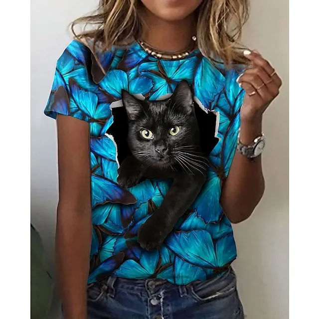 Women's T shirt Tee Graphic Cat 3D Daily Weekend Blue Print Short Sleeve Basic Round Neck Regular Fit