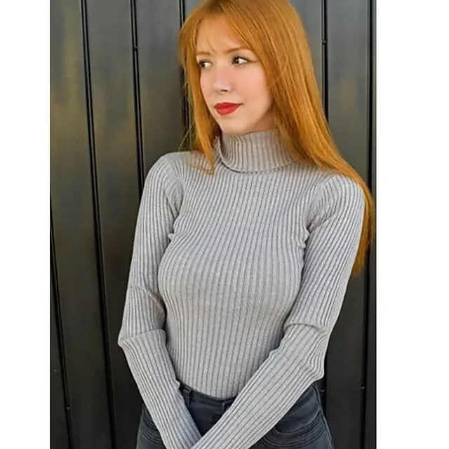Women’s Pullover Sweater Jumper Turtleneck Ribbed Knit Spandex Knitted Thin Fall Winter Daily Basic Casual Long Sleeve Solid Color caramel Black White One-Size 2XL / 3XL S / M 2e3a8efaffcca5d734b0be9611022e4e