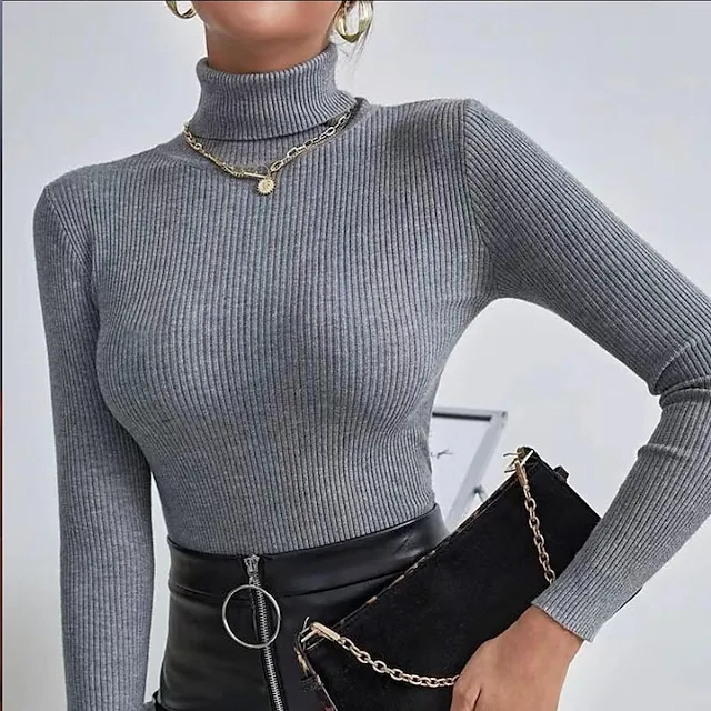 Women’s Pullover Sweater Jumper Turtleneck Ribbed Knit Spandex Knitted Thin Fall Winter Daily Basic Casual Long Sleeve Solid Color caramel Black White One-Size 2XL / 3XL S / M 47d0ede4dbbbdae340de2deb47ef822f