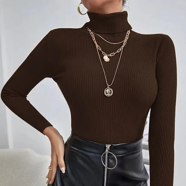 Women’s Pullover Sweater Jumper Turtleneck Ribbed Knit Spandex Knitted Thin Fall Winter Daily Basic Casual Long Sleeve Solid Color caramel Black White One-Size 2XL / 3XL S / M 71416da48560b7f67e532cb715a0cbec