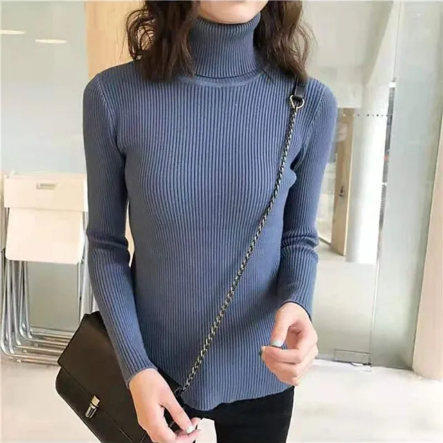 Women’s Pullover Sweater Jumper Turtleneck Ribbed Knit Spandex Knitted Thin Fall Winter Daily Basic Casual Long Sleeve Solid Color caramel Black White One-Size 2XL / 3XL S / M 775f562c021a2d936f45608c2e43a199