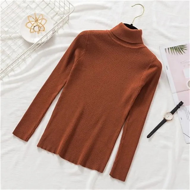 Women’s Pullover Sweater Jumper Turtleneck Ribbed Knit Spandex Knitted Thin Fall Winter Daily Basic Casual Long Sleeve Solid Color caramel Black White One-Size 2XL / 3XL S / M db4156b56db73f142de9e012afaecd52