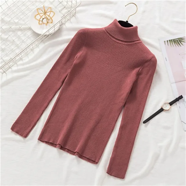Women’s Pullover Sweater Jumper Turtleneck Ribbed Knit Spandex Knitted Thin Fall Winter Daily Basic Casual Long Sleeve Solid Color caramel Black White One-Size 2XL / 3XL S / M dff35d07c3ae83e0e4e14cebe6938ff1