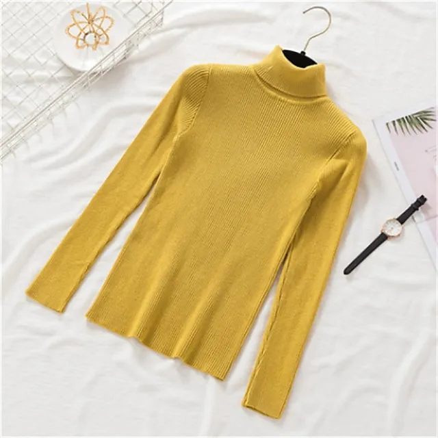 Women’s Pullover Sweater Jumper Turtleneck Ribbed Knit Spandex Knitted Thin Fall Winter Daily Basic Casual Long Sleeve Solid Color caramel Black White One-Size 2XL / 3XL S / M e249c3395f5b32c21fd63dd3ecae290a