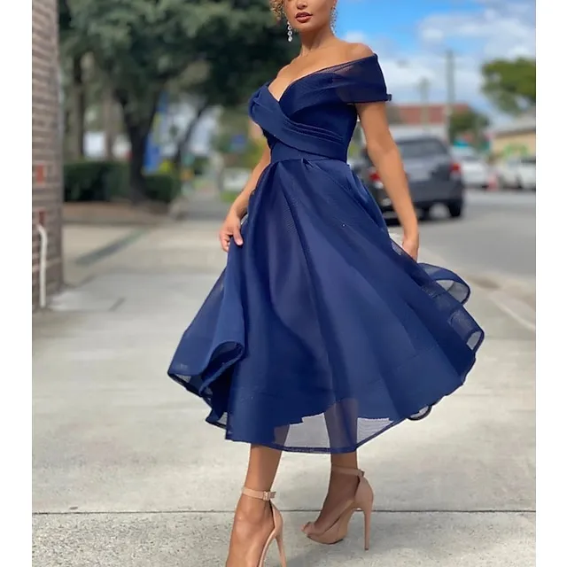 Women‘s Semi Formal Wedding Guest Party Dress Homecoming Dress Swing Dress Long Dress Maxi Dress Blue Pink Red Sleeveless Pure Color Mesh Spring Summer Off Shoulder Slim S M L XL