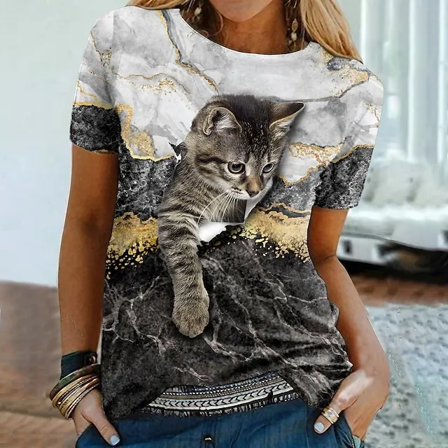 Women's T shirt Tee Black White Blue Graphic Cat Print Short Sleeve Daily Weekend Vintage Round Neck Regular 3D Cat Painting S