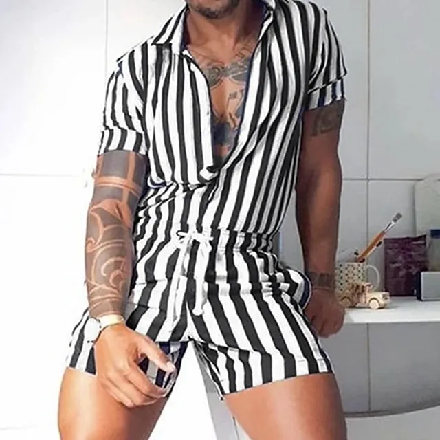 Men's Rompers Short Sleeve Jumpsuit with Pockets Stripe Drawstring Waist Shorts overall Comfort Breathable Daily Sports Streetwear