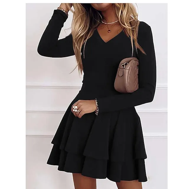 Women's Little Black Dress Sexy Dress A Line Dress Mini Dress Red Wine Dark Blue Long Sleeve Solid Color Layered Ruffle Fall Spring V Neck Personalized Elegant