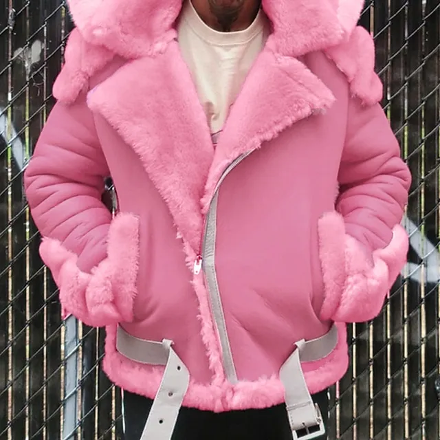 Men’s Shearling Coat Winter Jacket Winter Coat Sherpa jacket Outdoor Street Thermal Warm Windproof Pocket Fall Winter Solid Color Streetwear Sporty Hoodie Regular Faux Leather Regular Fit Black Pink 0e9b42a0160db6ed61d574d030d50ce8