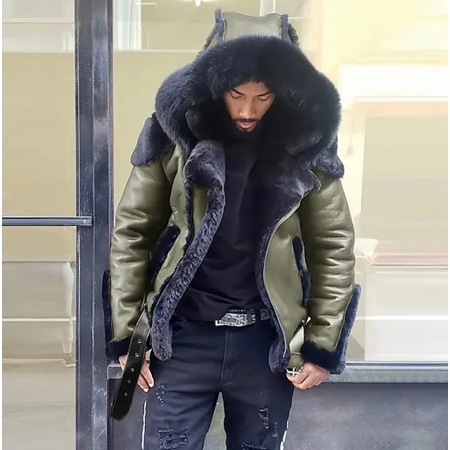 Men’s Shearling Coat Winter Jacket Winter Coat Sherpa jacket Outdoor Street Thermal Warm Windproof Pocket Fall Winter Solid Color Streetwear Sporty Hoodie Regular Faux Leather Regular Fit Black Pink ddfb9294bcdfb9d4e3845bd926f0b664