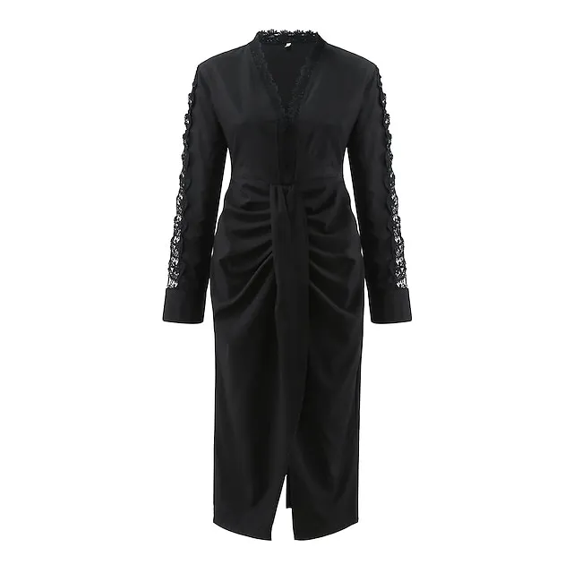 Women’s Party Dress Black Dress Lace Dress Work Dress Midi Dress Black White Long Sleeve Pure Color Lace Fall Winter V Neck Fashion Winter Dress Office Fall Dress 1be9703f7e060d2734c05ab2c69edb62