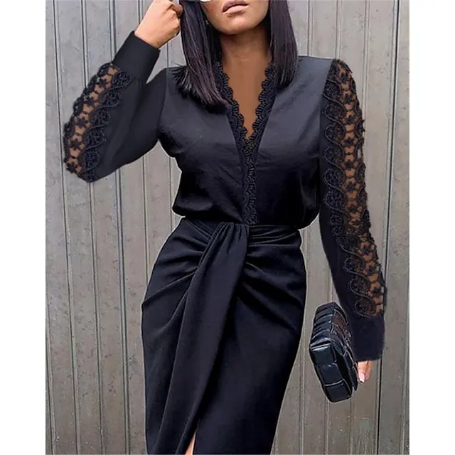 Women’s Party Dress Black Dress Lace Dress Work Dress Midi Dress Black White Long Sleeve Pure Color Lace Fall Winter V Neck Fashion Winter Dress Office Fall Dress aaf7d1992a28b0007de62cfa1f9722ef