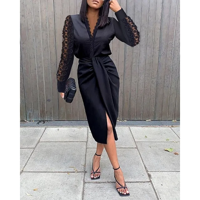 Women's Party Dress Black Dress Lace Dress Work Dress Midi Dress Black White Long Sleeve Pure Color Lace Fall Winter V Neck Fashion Winter Dress Office Fall Dress