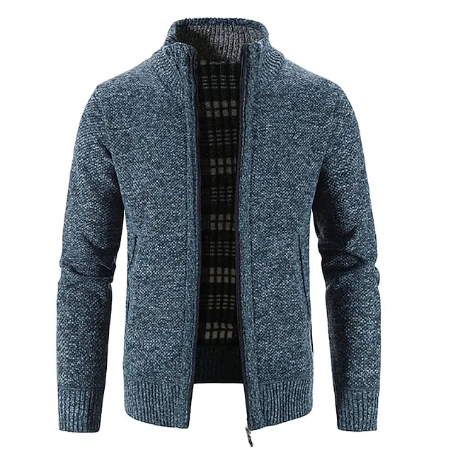 Men’s Sweater Cardigan Sweater Zip Sweater Sweater Jacket Fleece Sweater Ribbed Knit Zipper Solid Color Stand Collar Casual Daily Clothing Apparel Winter Fall Black Blue XS S M 7a042f7a42b348afd8a5d0835055b01c