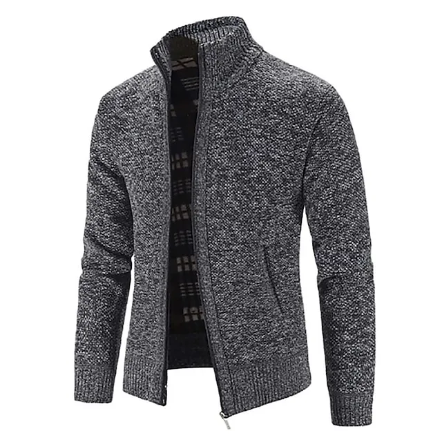 Men’s Sweater Cardigan Sweater Zip Sweater Sweater Jacket Fleece Sweater Ribbed Knit Zipper Solid Color Stand Collar Casual Daily Clothing Apparel Winter Fall Black Blue XS S M a98281884a568198843bd1d772d6a589