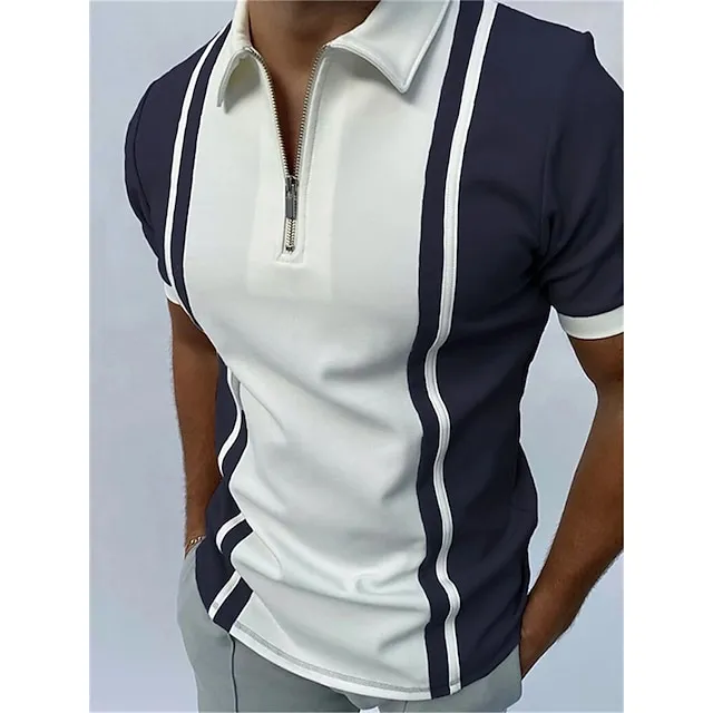 Men’s Golf Shirt Polo Casual Daily Quarter Zip Short Sleeve Sports Fashion Color Block Striped Zipper Quarter Zip Summer Spring Regular Fit Black Navy Blue Apricot Gray Golf Shirt 31656609db7f81fe45ff727f5205ebc2