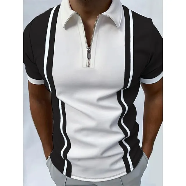 Men’s Golf Shirt Polo Casual Daily Quarter Zip Short Sleeve Sports Fashion Color Block Striped Zipper Quarter Zip Summer Spring Regular Fit Black Navy Blue Apricot Gray Golf Shirt 8e91ead65de6858ecd17a880a0d86868