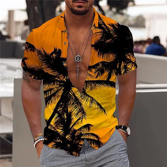 Men’s Shirt Graphic Shirt Aloha Shirt Leaves Turndown Black White Yellow Pink Blue Print Outdoor Street Short Sleeve Button-Down Print Clothing Apparel Fashion Designer Casual Breathable 26b87aa69422e2ca7070b5bc6e0045d7