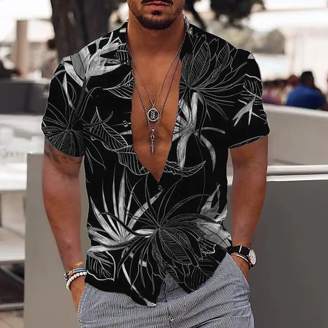 Men’s Shirt Graphic Shirt Aloha Shirt Leaves Turndown Black White Yellow Pink Blue Print Outdoor Street Short Sleeve Button-Down Print Clothing Apparel Fashion Designer Casual Breathable 5f61f93d258c4911832d8a15bf953f6c