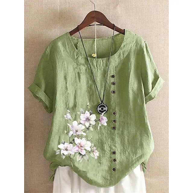 Women’s Shirt Linen Shirt Blouse Cotton Linen Floral Daily Vacation Going out White Yellow Pink Print Button Short Sleeve Vintage Holiday Casual Crew Neck Regular Fit Summer Spring ae91208894bff0056f2e783874a65bfd
