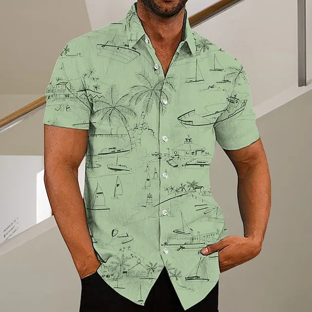 Men’s Shirt Graphic Shirt Aloha Shirt Coconut Tree Graffiti Turndown Green Purple Pink Yellow Light Green Print Outdoor Street Short Sleeve Button-Down Print Clothing Apparel Fashion Designer Casual 28e6f52fea1a78c29150065bf3f1327e