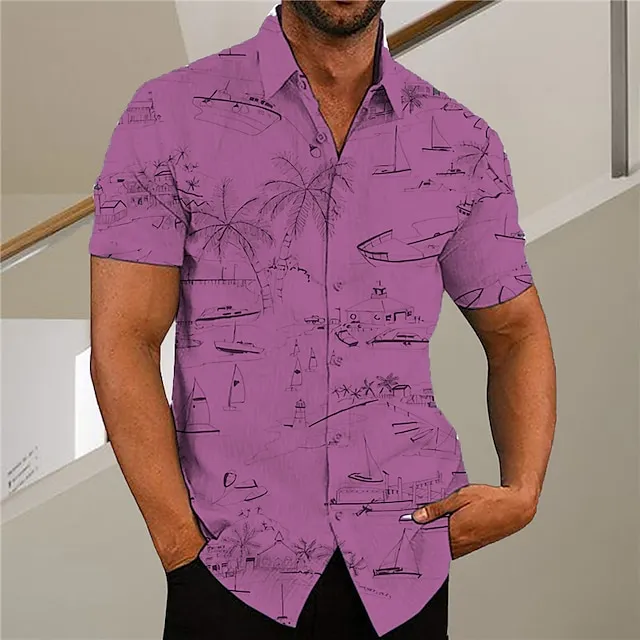 Men’s Shirt Graphic Shirt Aloha Shirt Coconut Tree Graffiti Turndown Green Purple Pink Yellow Light Green Print Outdoor Street Short Sleeve Button-Down Print Clothing Apparel Fashion Designer Casual 4fc2e42f5d9767727aeeb9a8ebc7a8f0