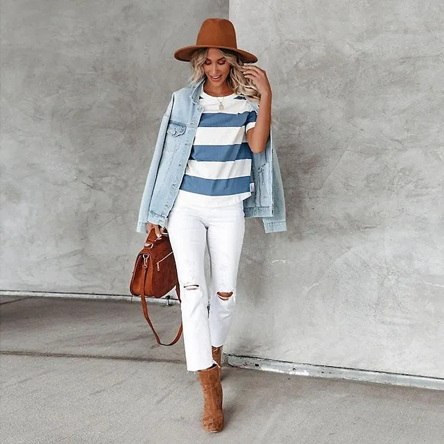 Women’s T shirt Tee Striped Casual Weekend Blue Print Short Sleeve Basic Round Neck Regular Fit 2099d8ef3dd4c29714c4cce41b1ebddc