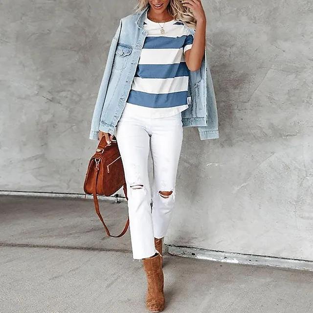Women’s T shirt Tee Striped Casual Weekend Blue Print Short Sleeve Basic Round Neck Regular Fit 96c38090d76045b075f846715a7deffb