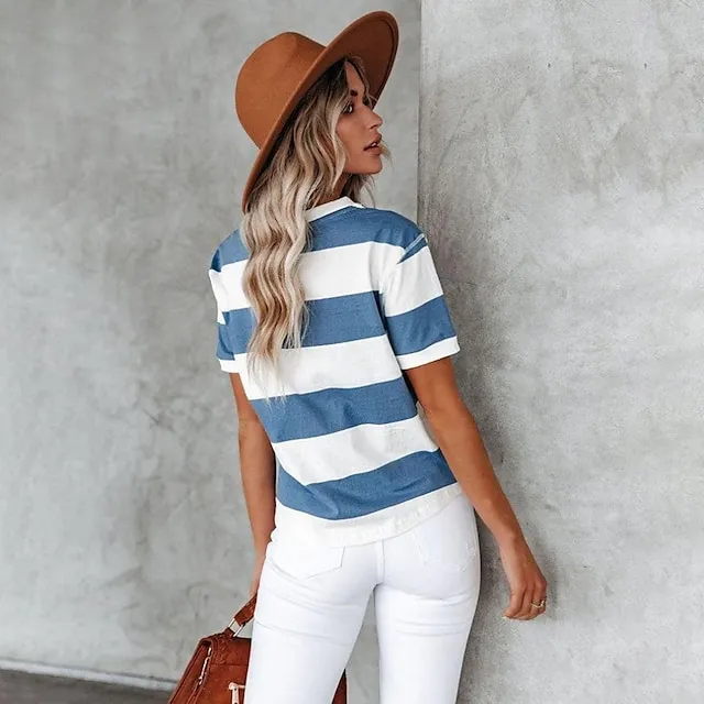 Women’s T shirt Tee Striped Casual Weekend Blue Print Short Sleeve Basic Round Neck Regular Fit 9a13445e11d6c39303ba55da637560ab