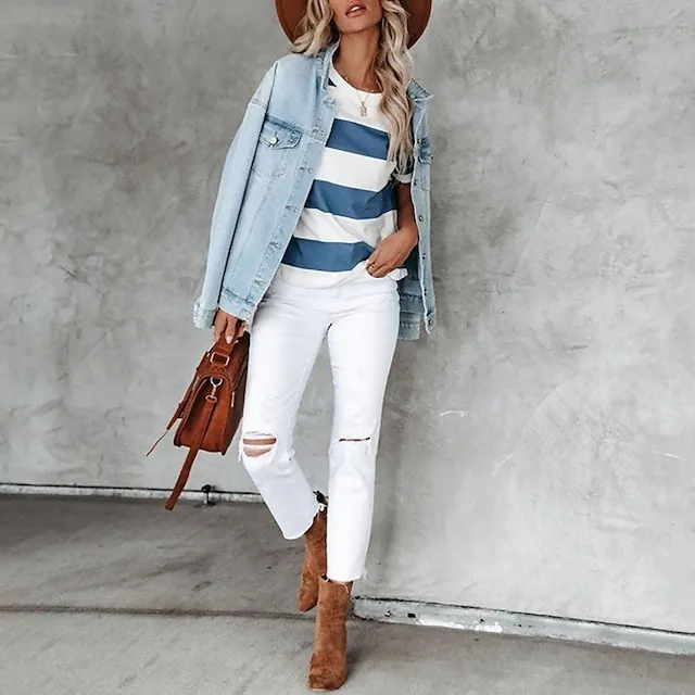 Women’s T shirt Tee Striped Casual Weekend Blue Print Short Sleeve Basic Round Neck Regular Fit a1c0f31d849bdb7e700e02e1edf45c02