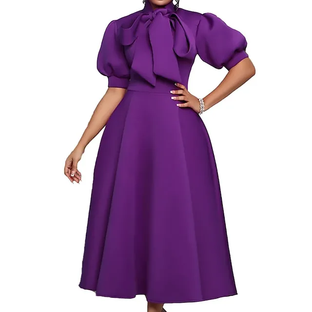 Women‘s Prom Cocktail Party Dress Wedding Guest Dress Swing Dress Long Dress Maxi Dress Purple Yellow Red Half Sleeve Pure Color Bow Spring Summer Stand Collar S M L XL XXL 3XL