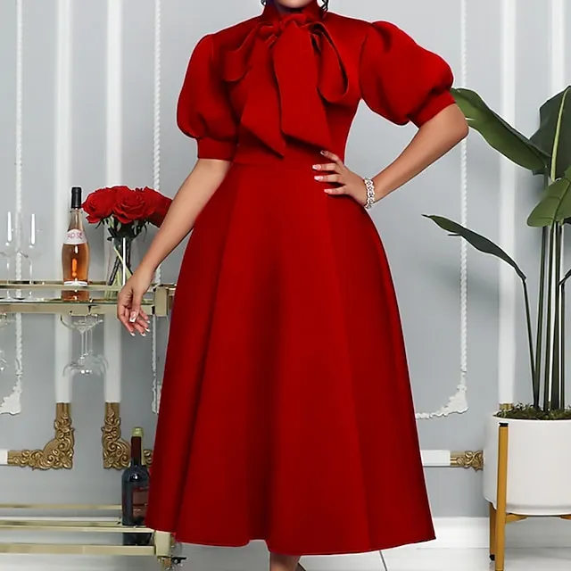 Women‘s Prom Cocktail Party Dress Wedding Guest Dress Swing Dress Long Dress Maxi Dress Purple Yellow Red Half Sleeve Pure Color Bow Spring Summer Stand Collar 2023 S M L XL XXL 3XL f658a641d8623b8403bffb3e1c001ef4