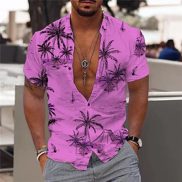 Men’s Shirt Summer Hawaiian Shirt Graphic Shirt Aloha Shirt Coconut Tree Turndown Light Yellow Green Blue Purple Yellow Print Outdoor Street Short Sleeve Button-Down Print Clothing Apparel Fashion 2e83b1681247b42a62fb2ed37a2b6a32