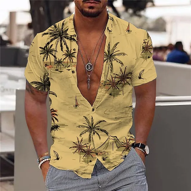 Men’s Shirt Summer Hawaiian Shirt Graphic Shirt Aloha Shirt Coconut Tree Turndown Light Yellow Green Blue Purple Yellow Print Outdoor Street Short Sleeve Button-Down Print Clothing Apparel Fashion aacca71872d9b99d7dc046e858eefb71