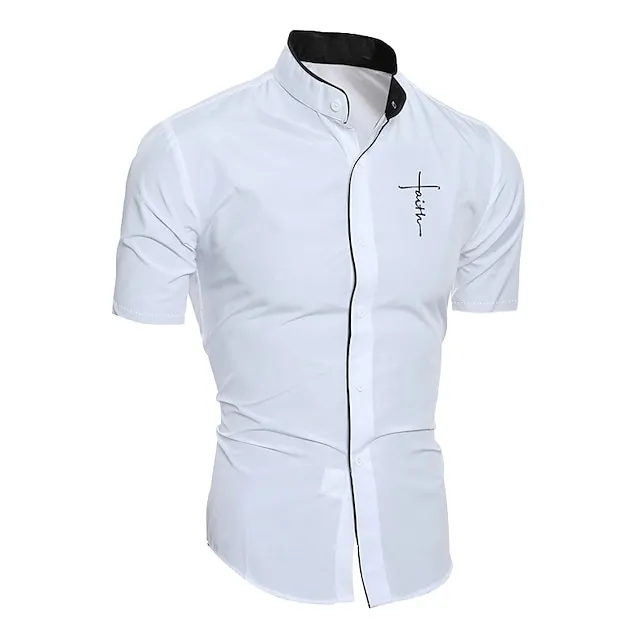 Men’s Dress Shirt Collared Shirt Collarless Shirt Black White Gray Short Sleeve Plain Stand Collar Summer Spring Wedding Outdoor Clothing Apparel Button-Down 9328aa5c032e35069cc6d5565134fd63