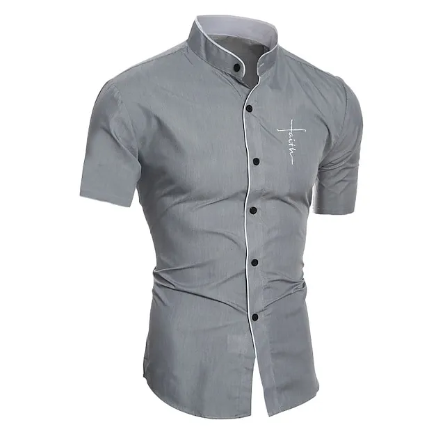 Men’s Dress Shirt Collared Shirt Collarless Shirt Black White Gray Short Sleeve Plain Stand Collar Summer Spring Wedding Outdoor Clothing Apparel Button-Down a84038ca7ecaaa338b21df06951e3eb5