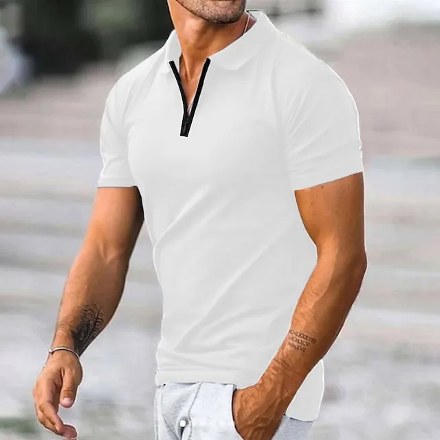 Men’s Zip Polo Polo Shirt Street Casual Turndown Quarter Zip Short Sleeve Fashion Casual Plain Quarter Zip collared shirts Spring & Summer Regular Fit Black White Pink Navy Blue Zip Polo 05e4bd3a06ca6af8c31369b85fc0265b