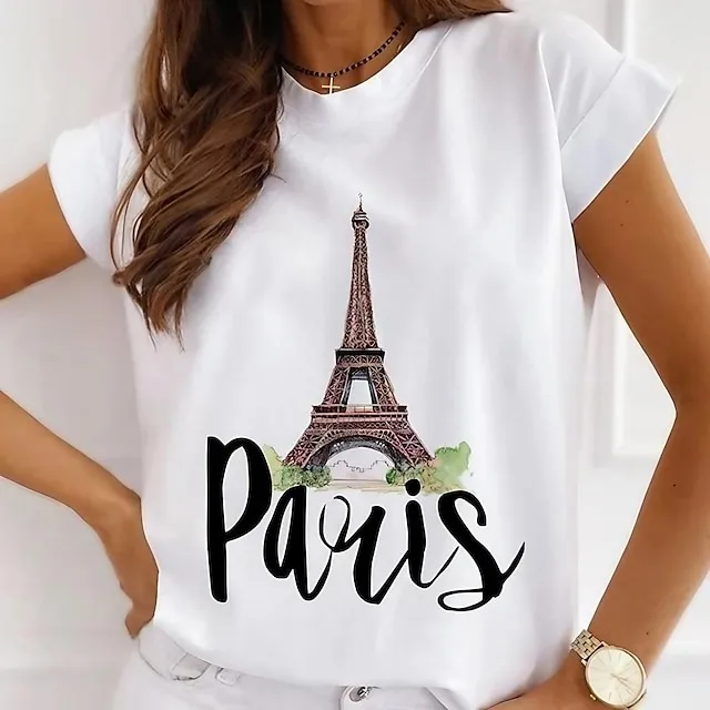 new paris tower print pattern women's casual women's round neck personalized t-shirt cute and simple