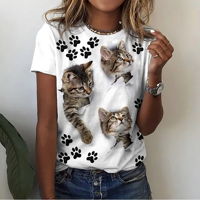 Women's T shirt Tee Cat 3D Casual Weekend White Print Short Sleeve Basic Round Neck Regular Fit
