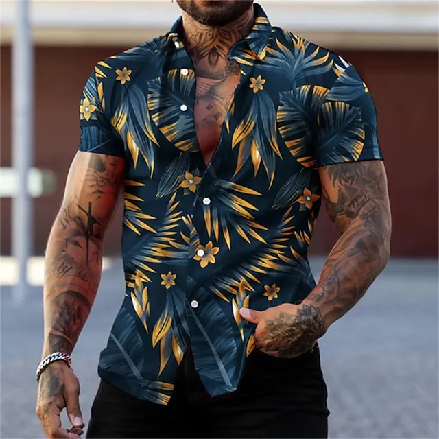 Men's Shirt Graphic Shirt Aloha Shirt Graphic Leaves Turndown Red green Black Black / Purple Wine Red 3D Print Street Daily Short Sleeve 3D Button-Down Clothing Apparel Fashion Designer Casual