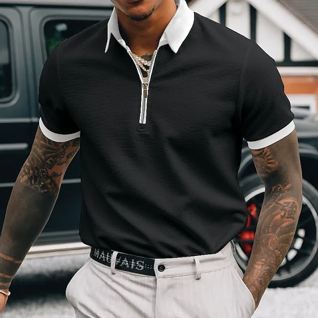 Men's Polo Shirt Golf Shirt Going out Gym Turndown Quarter Zip Short Sleeve Sportswear Casual Solid Color Sports Patchwork Zipper Spring & Summer Slim Black-White Black White Navy Blue Blue / White
