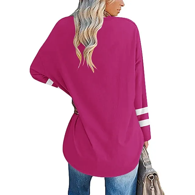 Women’s T shirt Tee Cotton Striped Casual Weekend Black White Yellow Long Sleeve Daily Basic V Neck Regular Fit Fall & Winter 1eb7a6122bc9e0b819208c8a33f59023