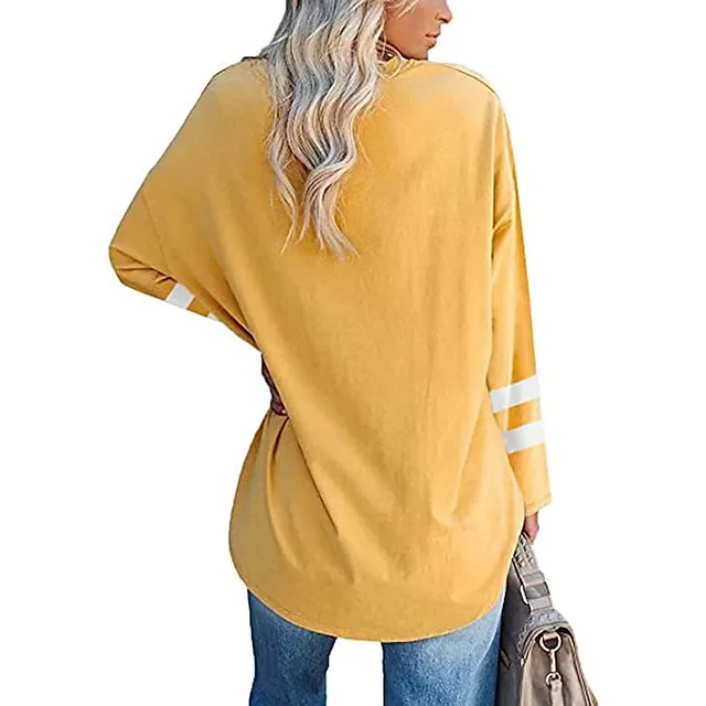 Women’s T shirt Tee Cotton Striped Casual Weekend Black White Yellow Long Sleeve Daily Basic V Neck Regular Fit Fall & Winter 2473a459eafe4c3f08a8859654d38d47