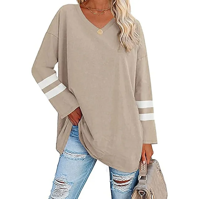 Women’s T shirt Tee Cotton Striped Casual Weekend Black White Yellow Long Sleeve Daily Basic V Neck Regular Fit Fall & Winter 4fab570090acbdfcb010c6cf687fdd3e